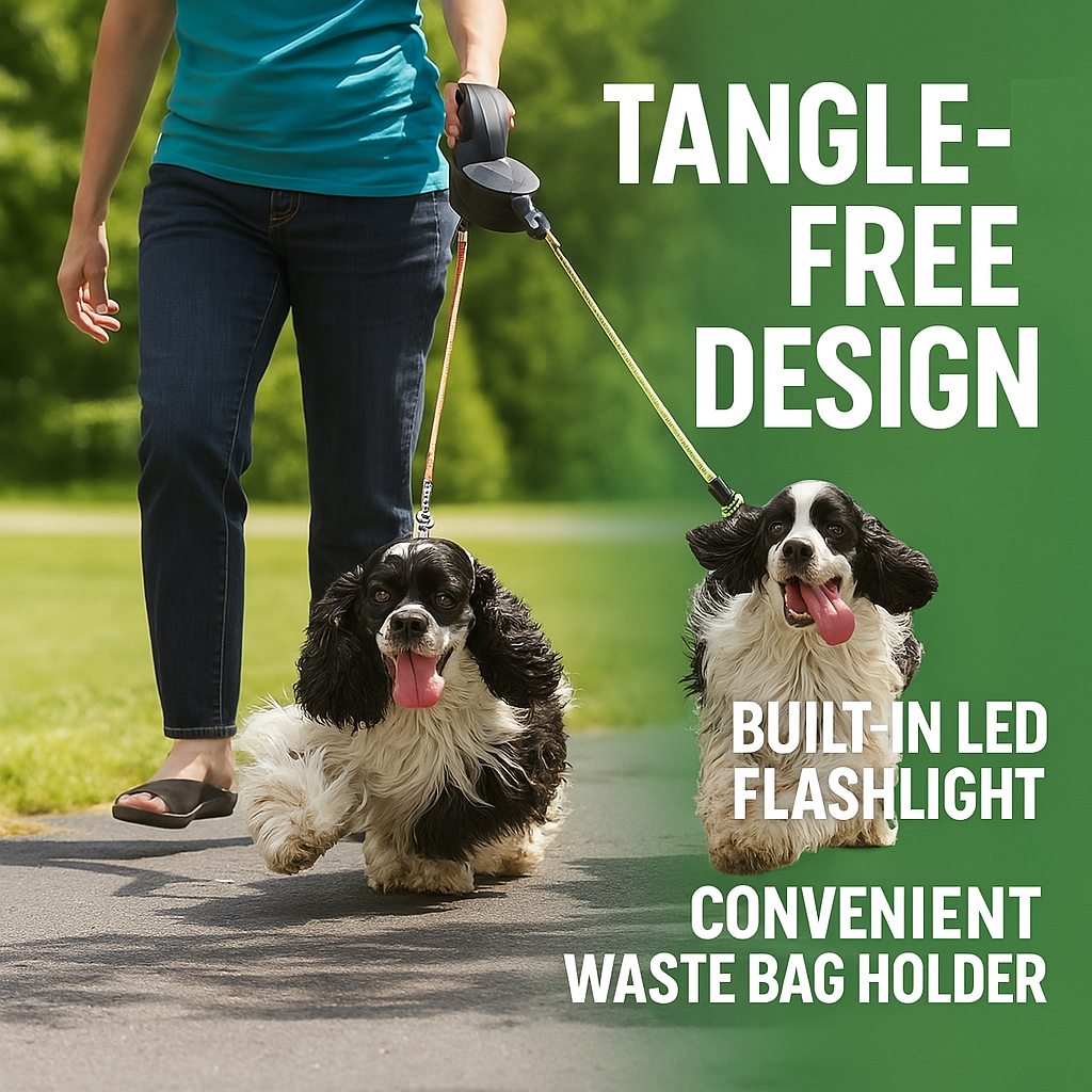 Dual Retractable Dog Leash with Flashlight and Waste Bag Holder – Tangle-Free & Adjustable