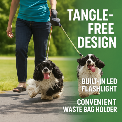Dual Retractable Dog Leash with Flashlight and Waste Bag Holder – Tangle-Free & Adjustable